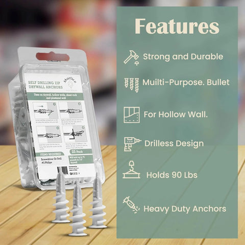 Reinforced Nylon 66 Drywall Anchors 90lb Limit, Self Drilling Value Pack shown with features list, includes screws.