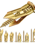 Close-up of 80pcs Self Drilling Drywall Anchors and Screws Kit, gold zinc plated steel, various sizes for picture frames and TVs, 2025 upgraded.