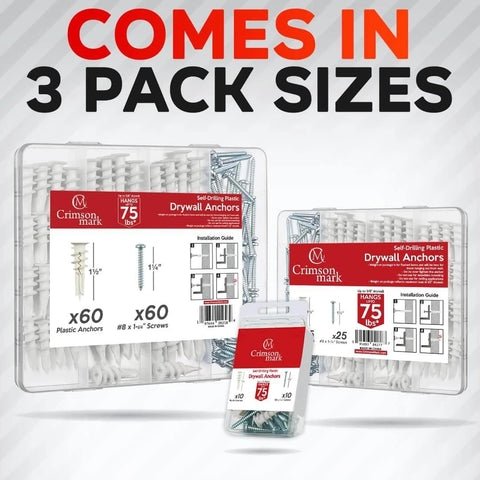 120 pcs #8 self drilling drywall anchors and screws kit with #8 x 1-1/4 inch hardware, 3 pack size options shown