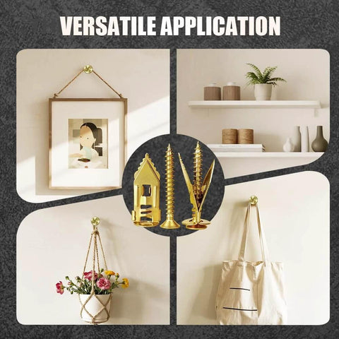 Versatile application of ✝️ Self Drilling Drywall Anchors with Screws Kit, used for hanging picture, shelves, plants, and bags.