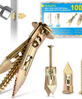 100 pcs self drilling drywall anchors and screws kit made from zinc plated steel holding up to 66 lb, close-up view