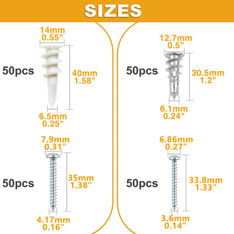 Image showing size details of Self Drilling Drywall Anchors Assortment Kit, 200-Piece Picture Hanging Set with 100 #6 Zinc Metal Anchors and 100 #8 Plastic Drywall Hangers for Frames, Art, Shelves, and Curtain Rods up to 75LB.