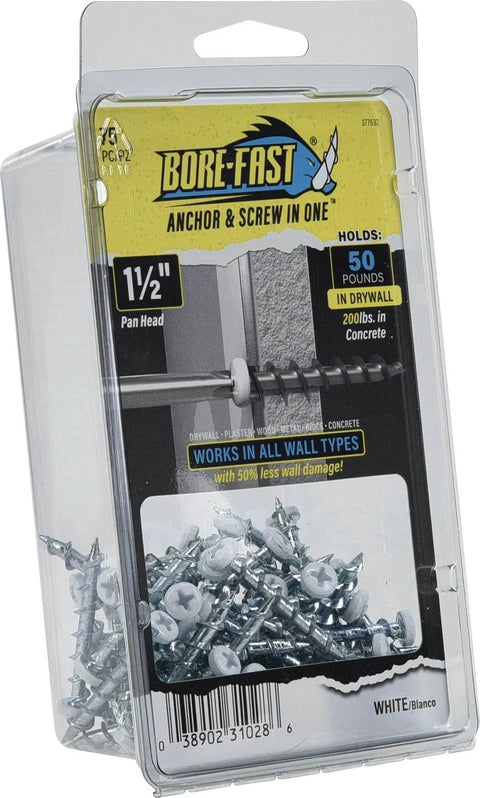 Packaging of Drywall Anchors White 75 Pack with 1 1/2 Inch Pan Head Screws, Holds 50 lbs in Drywall and 200 lbs in Concrete, Self Drilling