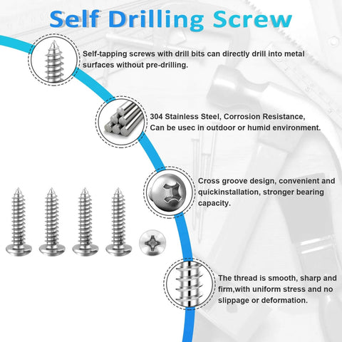 100 Pcs #10 x 1 Inch Pan Head Wood Screws Made from 304 Stainless Steel Featuring Self Tapping Coarse Threads and Sharp Point for Fast Installation.