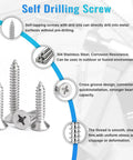 Close-up of Self Drilling Screws, 304 Stainless Steel, ideal for wood, metal, and concrete projects. 600 Pcs M3 M4 M5 M6 Stainless Steel Wood Screws Assortment Kit with 16 Sizes Featuring Round and Flat Head Self Tapping Metal Screws from 6mm to 50mm for Wood Deck Drywall and Concrete Projects.