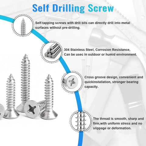 Close-up of Self Drilling Screws, 304 Stainless Steel, ideal for wood, metal, and concrete projects. 600 Pcs M3 M4 M5 M6 Stainless Steel Wood Screws Assortment Kit with 16 Sizes Featuring Round and Flat Head Self Tapping Metal Screws from 6mm to 50mm for Wood Deck Drywall and Concrete Projects.