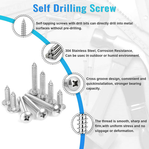 300 Pcs Stainless Steel Wood Screws Assortment Kit with 9 Sizes #4 #6 #8 #10 #12 Truss Head Self Tapping Sheet Metal Screws Ranging from 1/4 to 1-1/2 Inches for Wood Deck Drywall and Concrete Use with details on features.