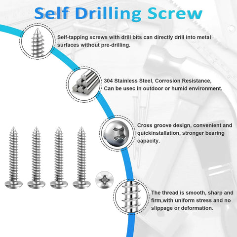 100 Pcs #6 x 1 Inch Pan Head Wood Screws Made from 304 Stainless Steel featuring self tapping coarse threads, close-up view showing sharp points.