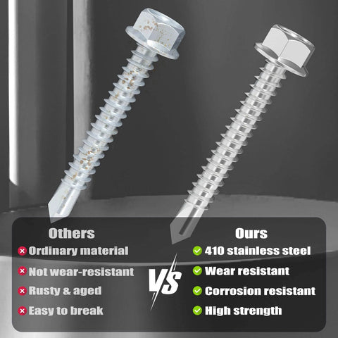 Comparison of ordinary screw vs 410 stainless steel screw from 150 Pcs Self Drilling Screws Assortment Kit with labels.
