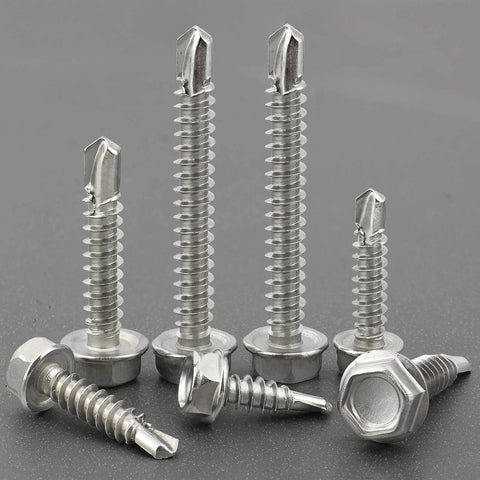Close-up of 150 Pcs Self Drilling Screws Assortment Kit 410 Stainless Steel Self Tapping Sheet Metal Screws Hex Washer Head on gray surface.