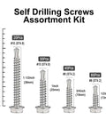 150 Pcs Self Drilling Screws Assortment Kit 410 Stainless Steel with sizes from 1/2 to 1-1/2 inch, hex washer head.