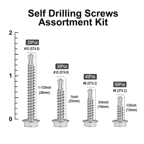 150 Pcs Self Drilling Screws Assortment Kit 410 Stainless Steel with sizes from 1/2 to 1-1/2 inch, hex washer head.