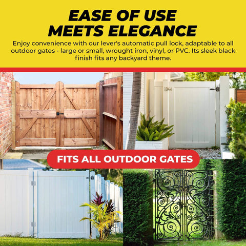 Self Locking Automatic Gravity Lever Fence Gate Latch, Steel, Black, installed on various outdoor gates, adaptable to wood, vinyl, metal.