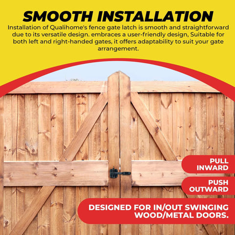 Self Locking Automatic Gravity Lever Fence Gate Latch installed on a wooden gate, designed for in/out swinging wood and metal doors.