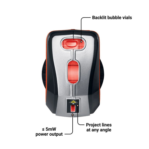 Front view of a self-leveling 360-degree laser level with backlit bubble vials for effortless alignment of pictures and shelves.