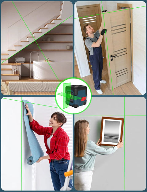 360 Degree Cross Line Laser With Self Leveling Delivers Bright Horizontal And Vertical Lines For Precise Tile Setting Cabinet Installation And Framing With 110 Degree Projection For Quick Easy Alignment And Reliable Battery Powered Operation in use for home projects.