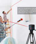 Self-leveling cross line laser projects bright red horizontal and vertical lines with 110° coverage and 360° rotation in a room setup.