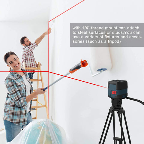 Self-leveling cross line laser projects bright red horizontal and vertical lines with 110° coverage and 360° rotation in a room setup.