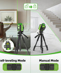360 Degree Self Leveling Green Laser Level With Triple 360 Degree Cross Lines For Precise Room Layouts And Picture Hanging Rechargeable 4000mAh USB C Battery Magnetic Bracket And Hard Carry Case HM03CG in use for picture hanging and room leveling, showing self-leveling and manual modes on a tripod.