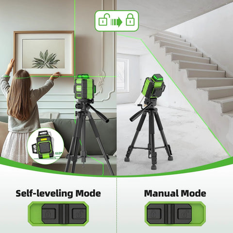 360 Degree Self Leveling Green Laser Level With Triple 360 Degree Cross Lines For Precise Room Layouts And Picture Hanging Rechargeable 4000mAh USB C Battery Magnetic Bracket And Hard Carry Case HM03CG in use for picture hanging and room leveling, showing self-leveling and manual modes on a tripod.