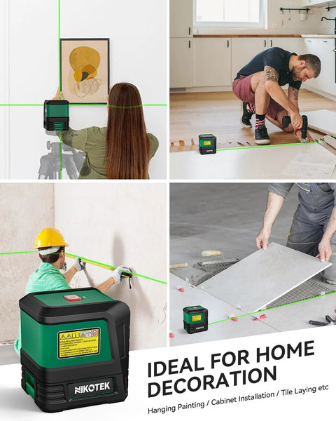 Achieve fast, precise alignment with this compact self-leveling green laser level that projects bright horizontal and vertical lines, offering 110° coverage.