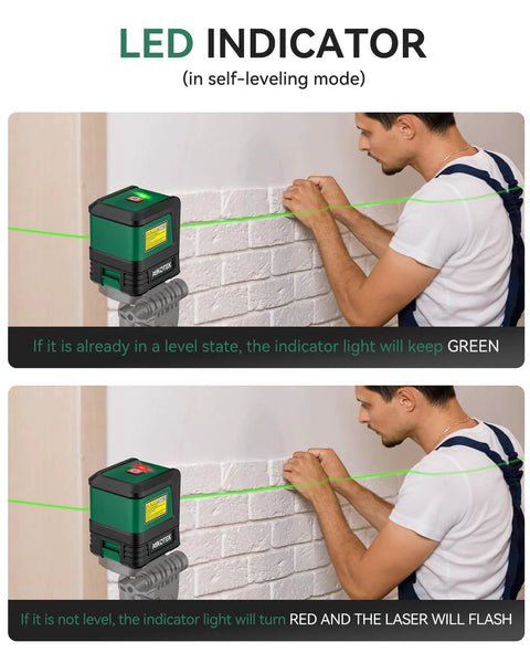 Achieve fast, precise alignment with this compact self-leveling green laser level showing LED indicator and alignment on wall