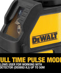 Close-up of Dewalt laser tool showcasing full time pulse mode for precise layout with detector capability up to 50m range.