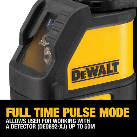 Close-up of Dewalt laser tool showcasing full time pulse mode for precise layout with detector capability up to 50m range.