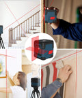 Self-leveling cross line laser projects bright red horizontal and vertical lines with 110° coverage and 360° rotation in use
