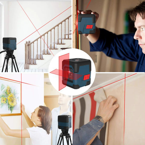 Self-leveling cross line laser projects bright red horizontal and vertical lines with 110° coverage and 360° rotation in use