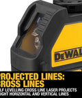 Compact Self Leveling Red Cross Line Laser Delivers Fast, Precise Layout For Walls, Cabinets, Tile, And Fixtures With A 165 Ft Range Using A Detector, IP54 Protection, And 1/8 In Accuracy At 30 Ft For Reliable Performance On Busy Construction Sites close-up showing projected cross lines feature