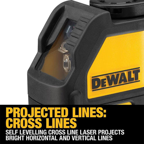 Compact Self Leveling Red Cross Line Laser Delivers Fast, Precise Layout For Walls, Cabinets, Tile, And Fixtures With A 165 Ft Range Using A Detector, IP54 Protection, And 1/8 In Accuracy At 30 Ft For Reliable Performance On Busy Construction Sites close-up showing projected cross lines feature