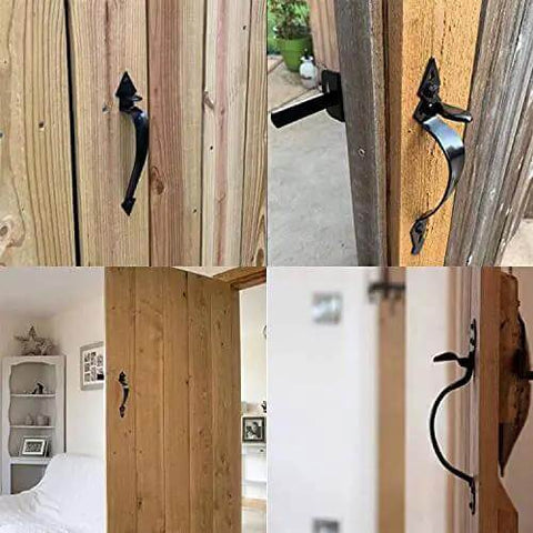Self Locking Gate Latch Built Tough For Wooden Fences And Gates With 9 Inch Gate Handle in Black Finish, installed view.