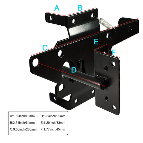 Self-Locking Gate Latch Heavy Duty Post Mount Automatic Gravity Lever Wood/PVC Fence Gate Lock with Fasteners Hardware, Steel, Black measurements