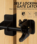 Self Locking Gate Latch For Wooden Fence And Metal Gates Heavy Duty Automatic Gravity Gate Lock in black installed on wooden gate