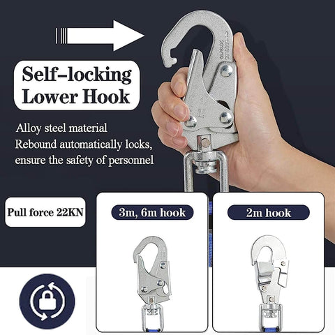 Pro Grade Heavy Duty Self Retracting Lifeline For Fall Protection Industrial Safety Rope With Quick Lock Disc Brake Portable Lanyard For Roof Work And Elevator Repair 500 Kg Load Capacity 3 Meter Cord On Site Safety Gear showing self-locking lower hook.