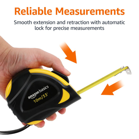 Self locking tape measure with belt clip offers precise 33 feet of measurement with MID accuracy, shown during use