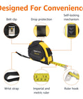 Self locking tape measure with belt clip offers precise 33 feet of measurement with MID accuracy, dual inch and metric scales