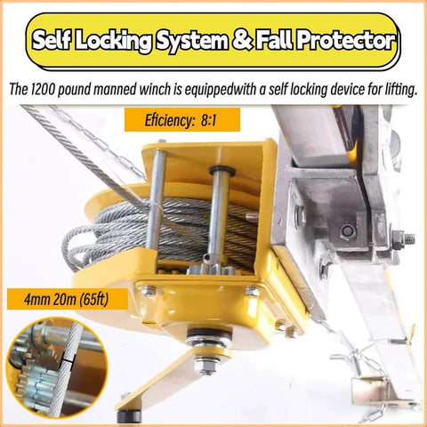 Close-up of Confined Space Tripod System With Self Locking Winch And Safety Harness, showing 1200lbs lifting capacity and cable detail.