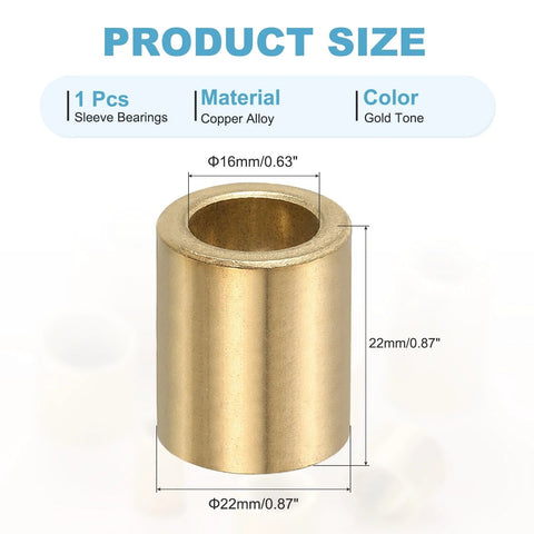 Self Lubricating Cast Brass Sleeve Bearing 16mm Bore 22mm Outer Diameter 22mm Length gold tone product dimensions