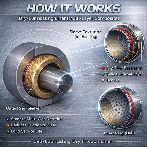 How it works: dry-lubricating liner diagram with labeled layers, showing outer ring sleeve and inner ring for reducing wear.