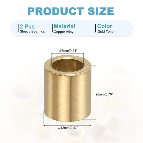 Self Lubricating Brass Sleeve Bearings 6mm Bore 12mm OD 20mm Length Pack Of 2 Gold Tone For Sliding Movements In Machinery Electronics Automotive Industrial Equipment