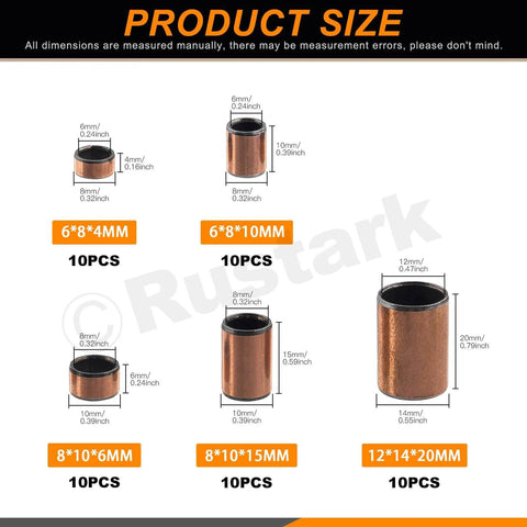 Diagram of 50Pcs Five Sizes Sleeve Bearings, Self Lubricating Plain Bearings, includes sizes 6x8x4mm, 6x8x10mm, 8x10x6mm, 8x10x15mm, 12x14x20mm