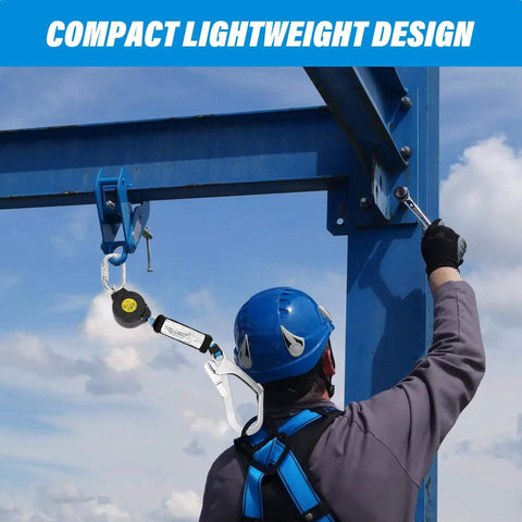 Worker using 11 Foot Self Retracting Lifeline For Construction Safety Retractable Safety Lanyard With Swivel Top Eye Rebar Hook Shock Pack Absorber Fall Protection Lanyard For Jobsite And House Construction Projects Heavy Duty Easy Mobility