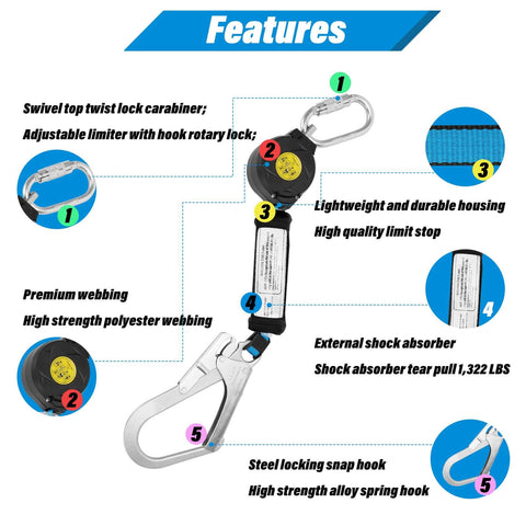 11 Foot Self Retracting Lifeline For Construction Safety Retractable Safety Lanyard With Swivel Top Eye Rebar Hook features diagram
