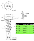Technical drawing of 552 Pcs Self Tapping Screws Assortment Set Featuring SAE #4 X 3/8, #4 X 1/2, #4 X 3/4, #4 X 1 specifications.