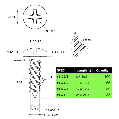 Technical drawing of 552 Pcs Self Tapping Screws Assortment Set Featuring SAE #4 X 3/8, #4 X 1/2, #4 X 3/4, #4 X 1 specifications.