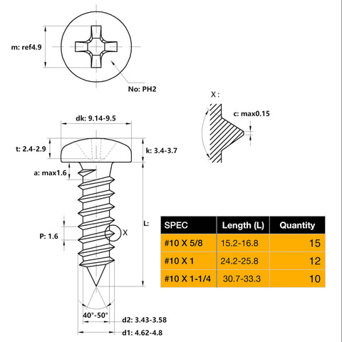 552 Pcs Self Tapping Screws Assortment Set Featuring SAE #4 #6 #8 #10 #12 Pan Head Phillips Drive Screws dimensions and specifications.