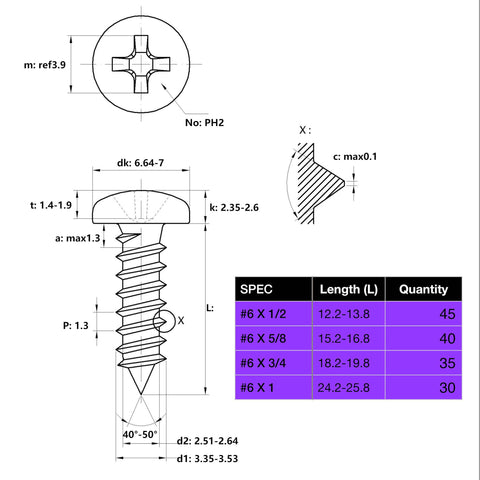 552 Pcs Self Tapping Screws Assortment Set Featuring SAE #4 #6 #8 #10 #12 Pan Head Phillips Drive Screws technical drawing
