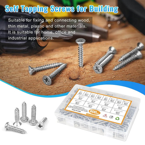 600 Pcs M3 M4 M5 M6 Stainless Steel Wood Screws Assortment Kit with 16 Sizes Featuring Round and Flat Head Self Tapping Metal Screws from 6mm to 50mm for Wood Deck Drywall and Concrete Projects.